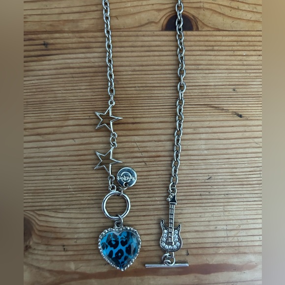 Vintage Y2K Hard Rock Grunge Punk Rocker Star Heart Guitar Charm Chain Necklace - Picture 2 of 4